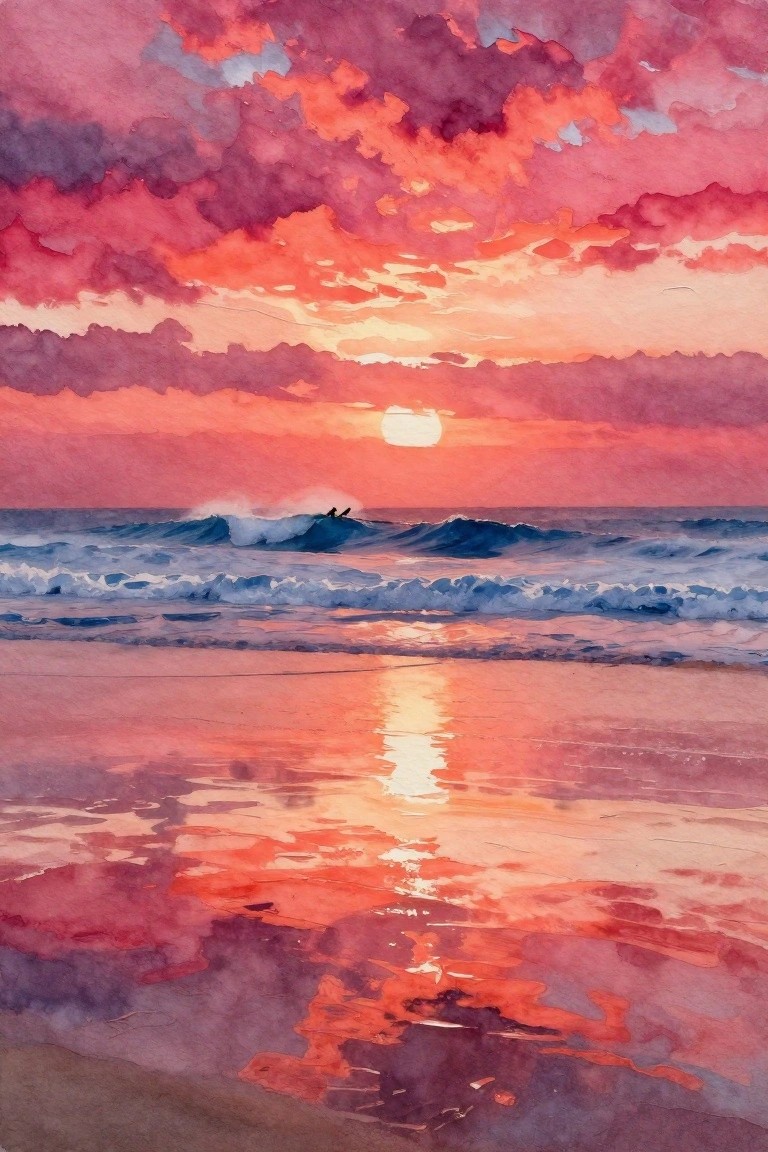 Vibrant watercolor sunset over ocean waves with pink clouds and two surfers