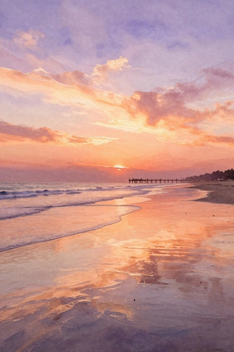 Watercolor sunset beach with pier, vibrant orange-purple sky, and wet sand reflections.