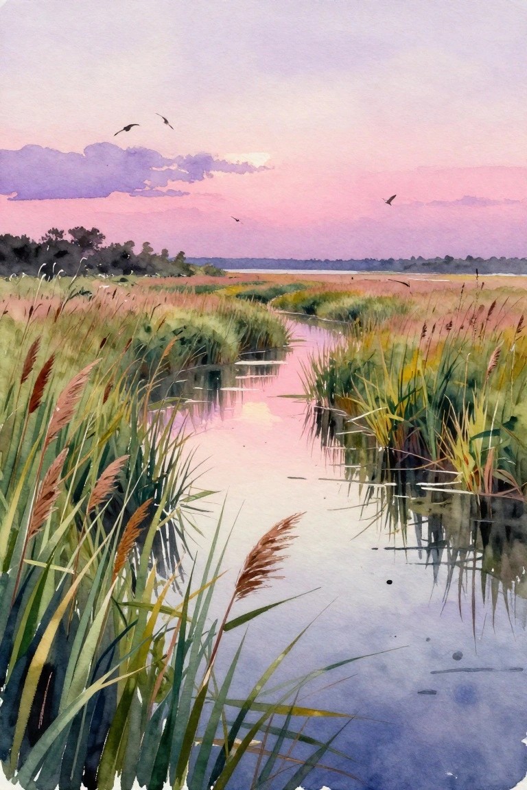 Watercolor painting of a winding waterway through tall marsh grasses under a pink and purple sunset sky with birds in flight.