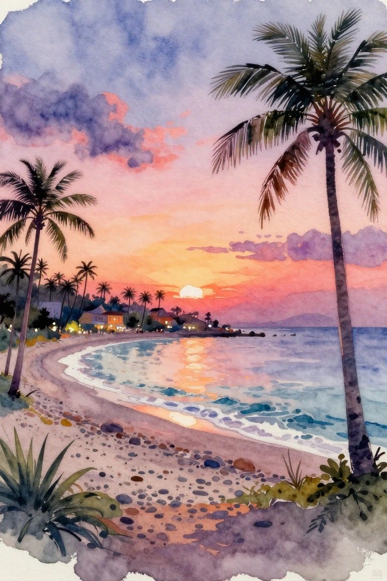 Watercolor sunset beach with palm trees, ocean waves, colorful sky, and distant lit buildings.