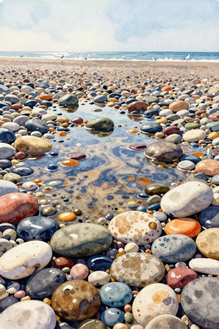 Colorful pebbles glisten around a reflective puddle on a beach with ocean waves and birds