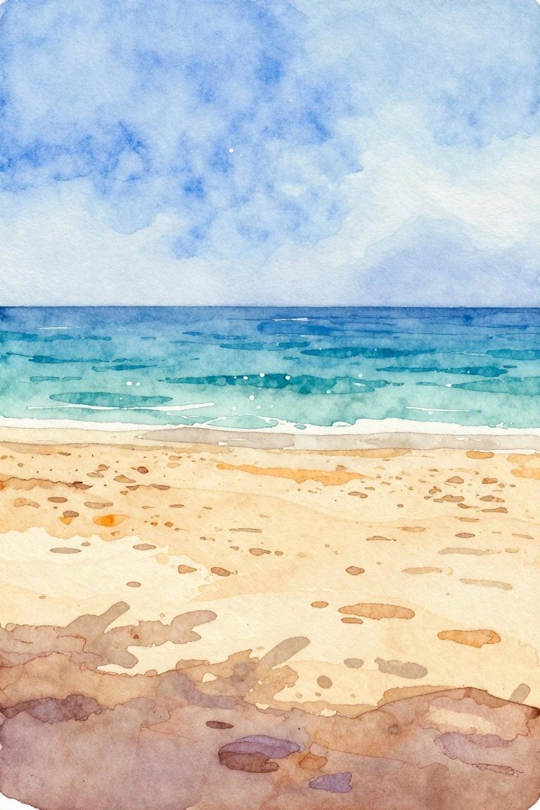 Watercolor beach scene with turquoise ocean waves meeting a sandy shore under blue sky