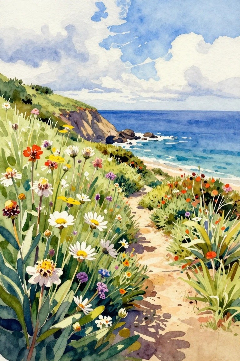Watercolor of colorful wildflowers lining a sandy coastal path by the sea.