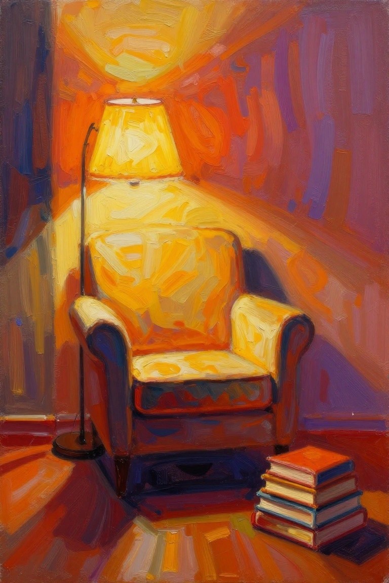 Yellow armchair beside glowing lamp with stack of books in vibrant painting