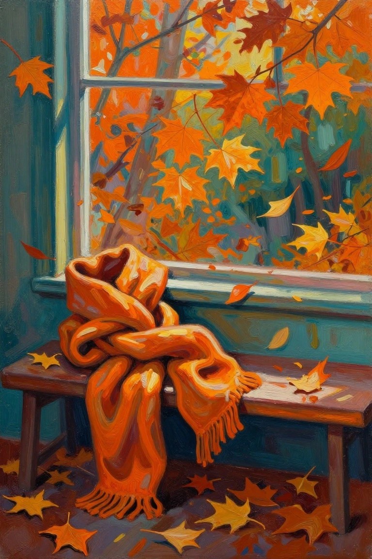 Orange scarf draped on wooden bench by window amid scattered autumn leaves