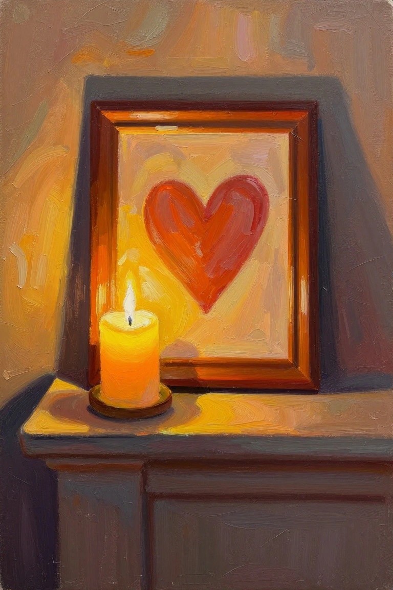 Lit candle glowing beside a red heart in a wooden frame on a shelf