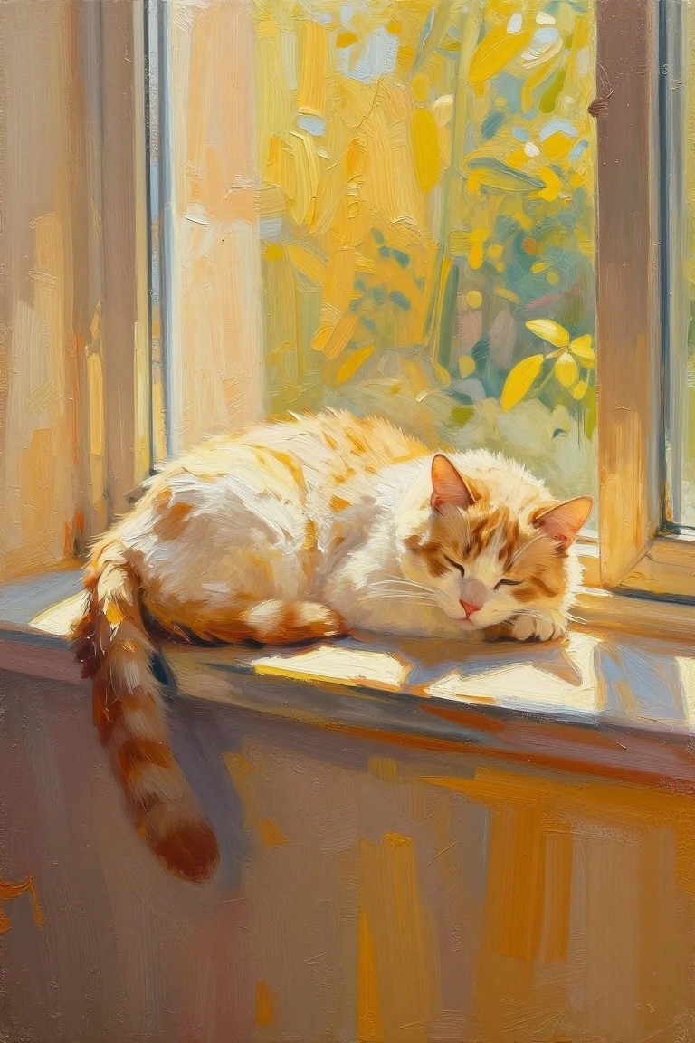 Sleeping ginger cat on sunlit windowsill in impressionistic painting with foliage view.