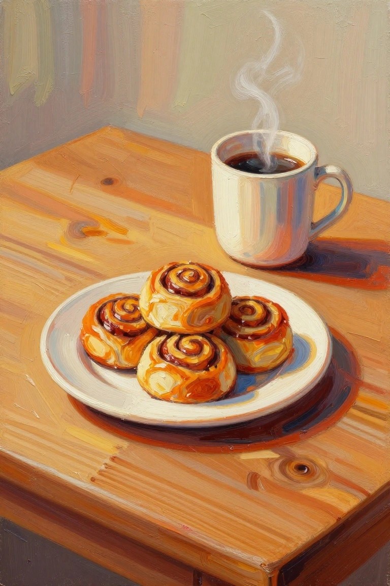 Realistic oil painting of cinnamon rolls on plate beside steaming coffee mug on wood table.