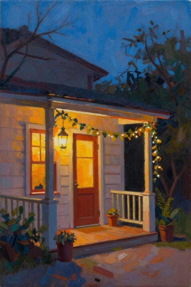 A painting of a house porch at dusk showing a lit red door, glowing window, string lights, potted plants, and a dark blue sky.