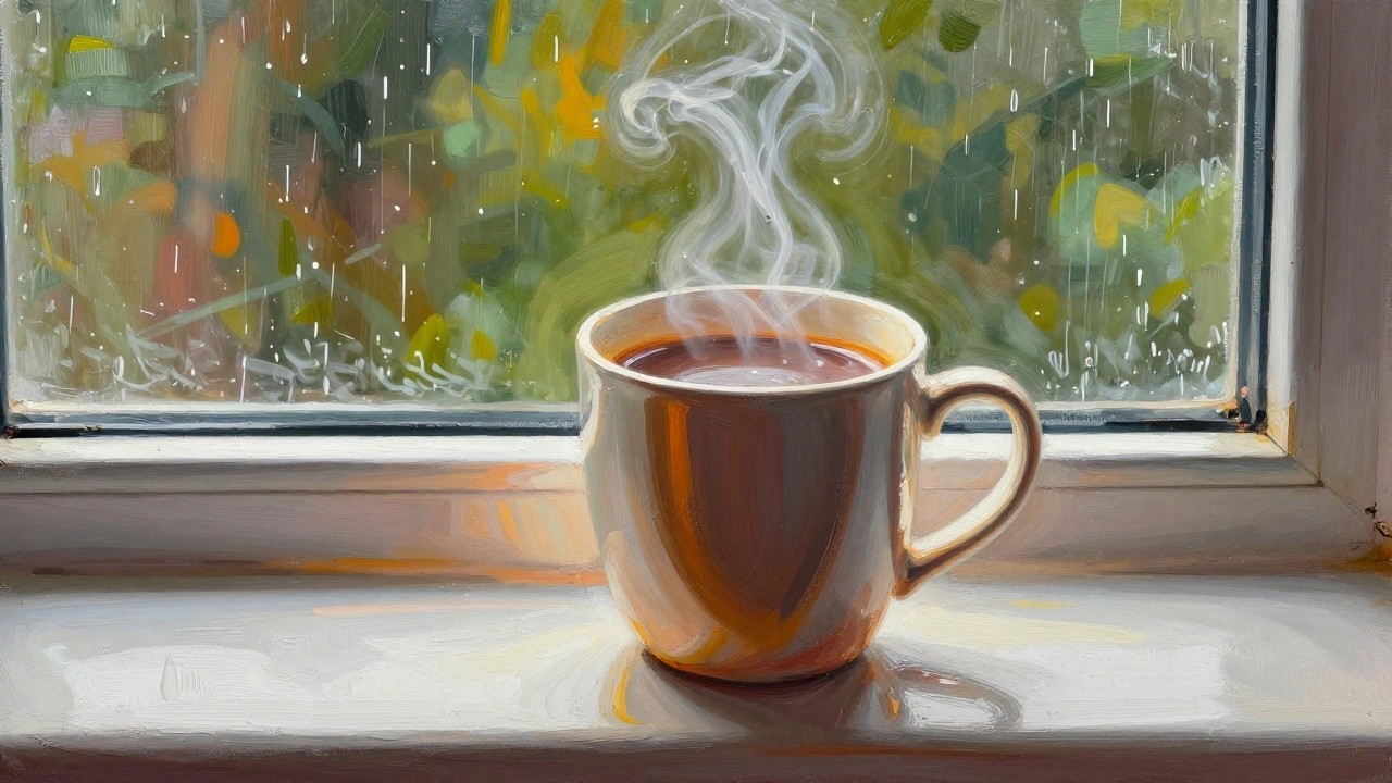 Steaming coffee mug on a ledge with swirling vapor and abstract colorful background