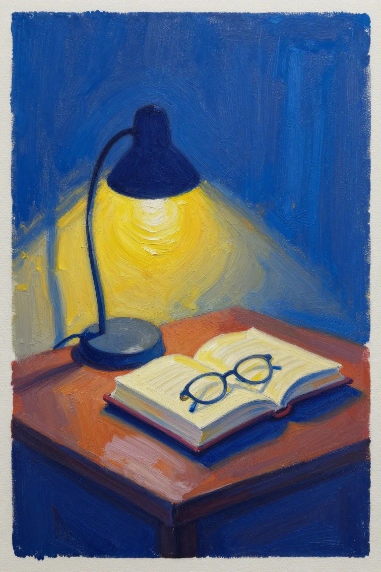 An acrylic painting shows a blue desk lamp casting yellow light over an open book with glasses on a wooden table against a dark blue background.