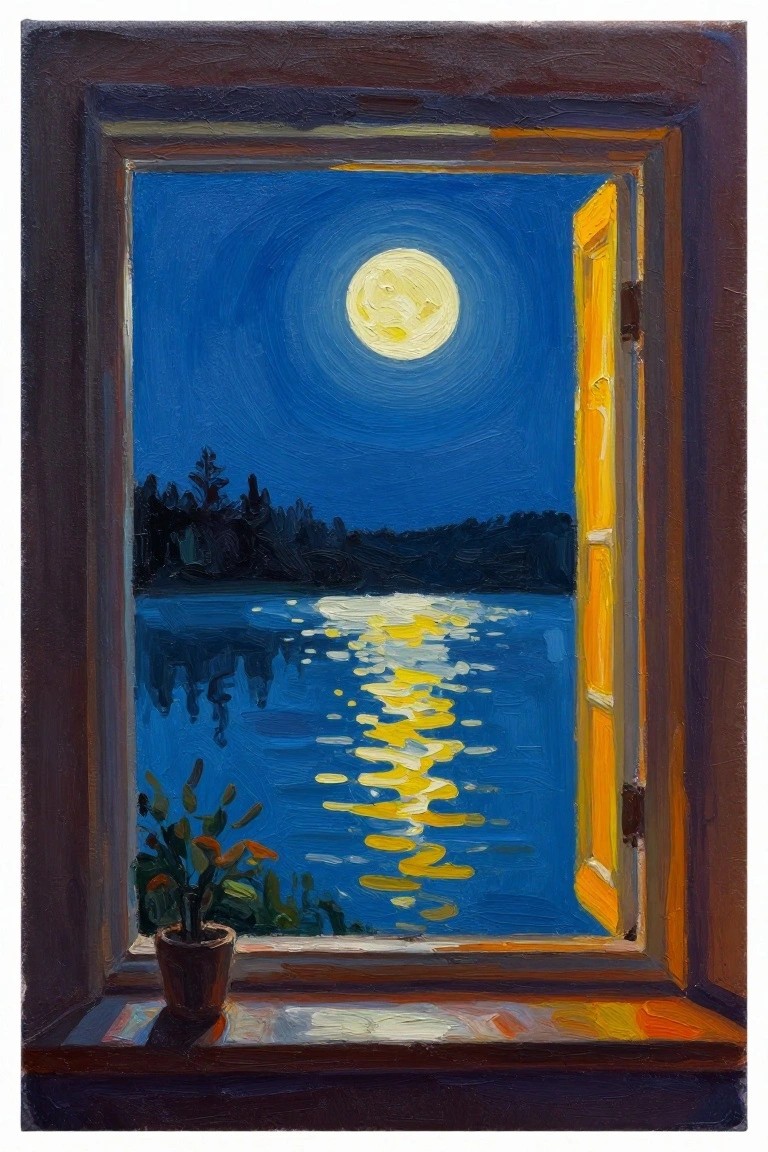Open window frames full moon reflecting on blue lake with potted plant