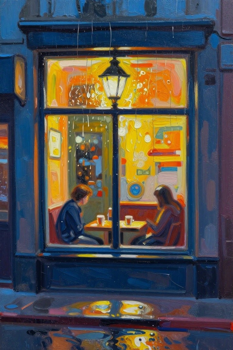 Expressive oil painting of two people at a table inside a rainy glowing cafe window