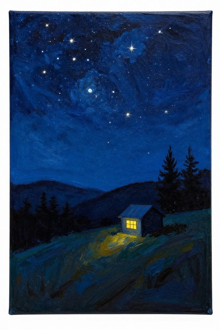 Swirling starry night sky above glowing cabin on dark wooded hillside