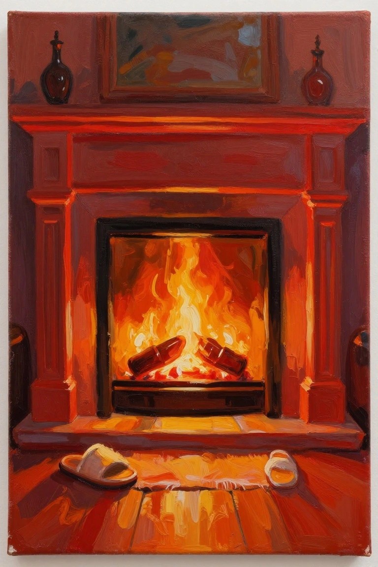 Warm red fireplace with blazing flames, slippers on wooden floor in front