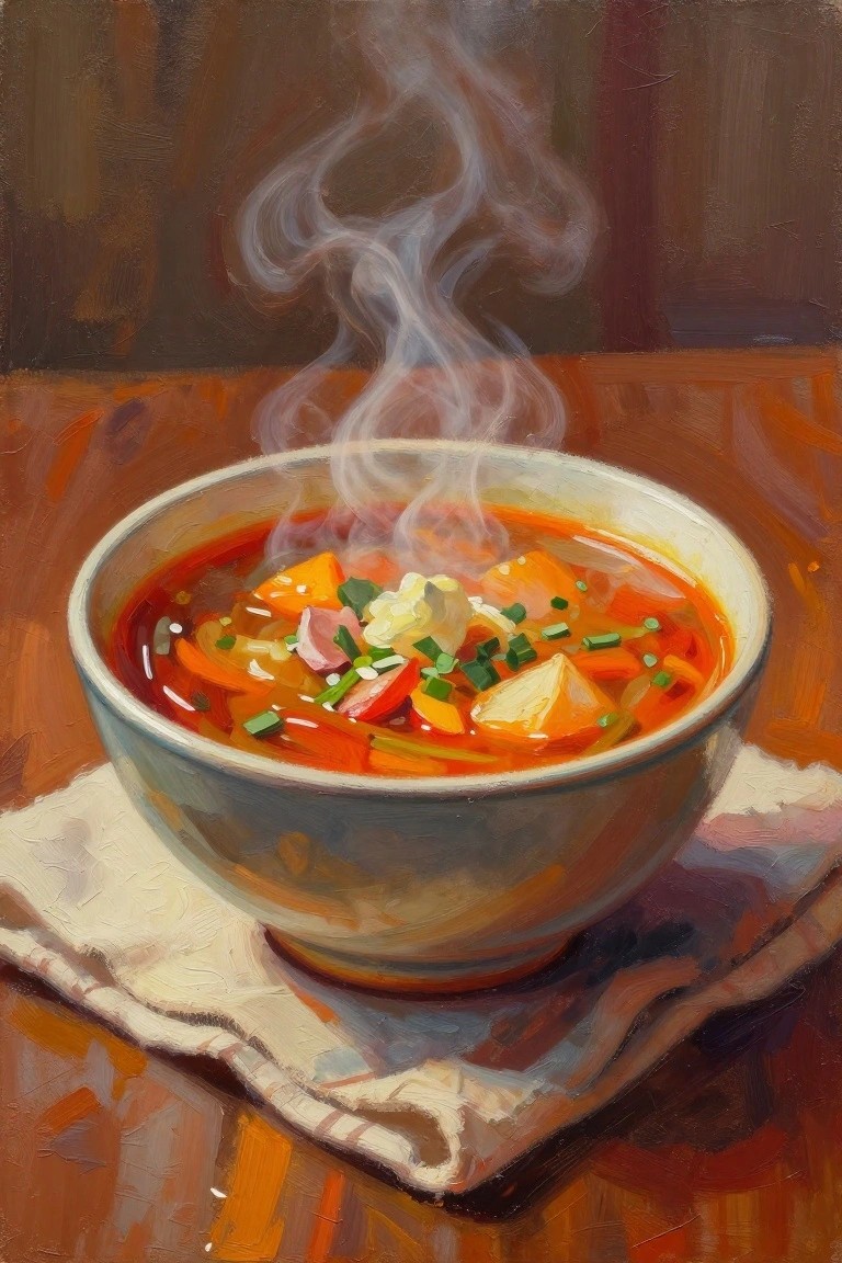 Steaming bowl of red vegetable soup on white napkin atop wooden table, oil painting.