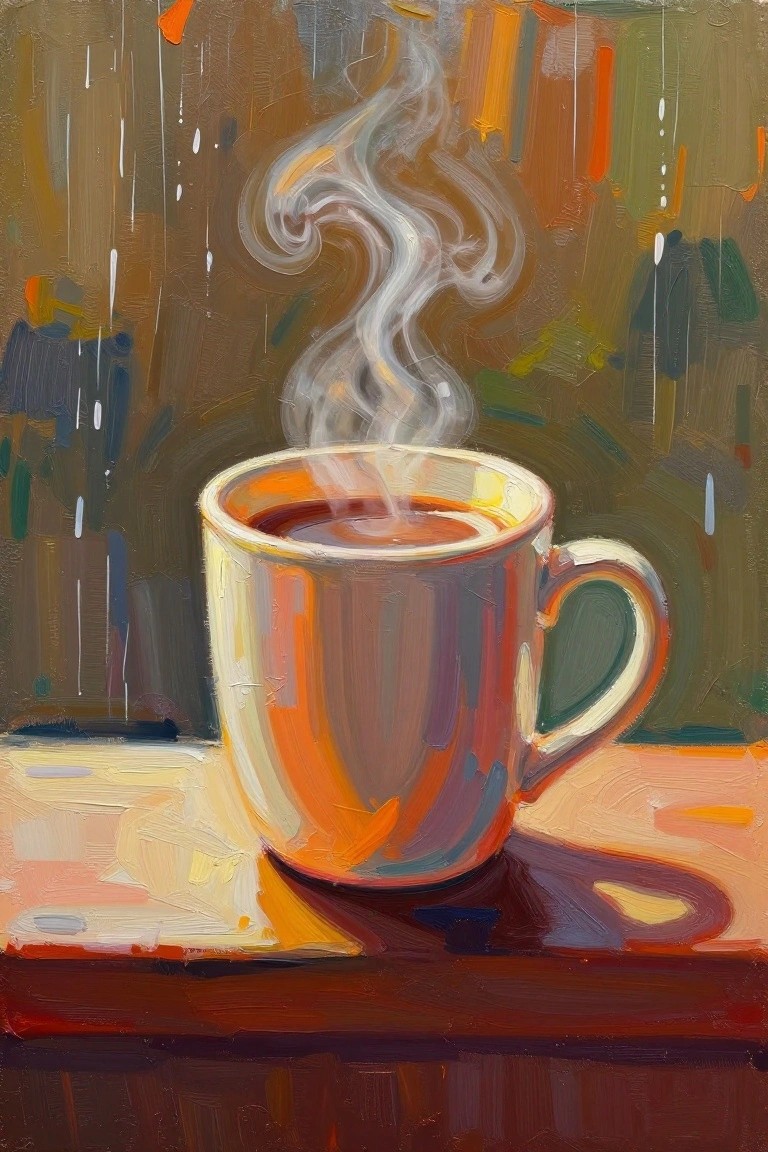 Steaming coffee mug on a ledge with swirling vapor and abstract colorful background