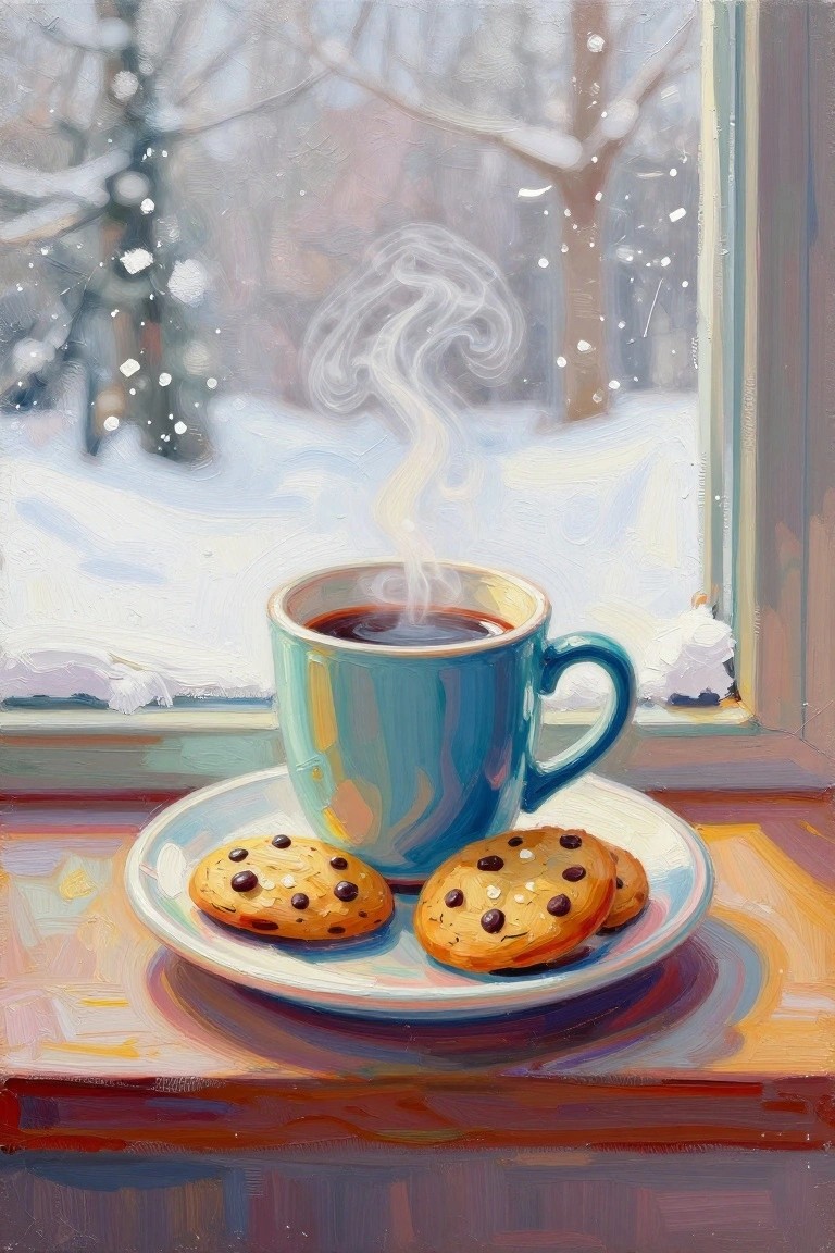 Steaming blue coffee mug with cookies on snowy winter windowsill painting