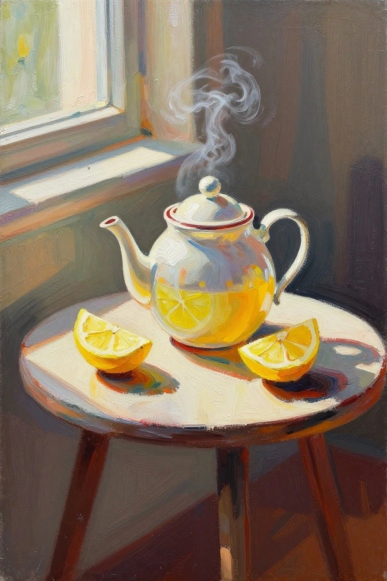 Steaming lemon teapot and slices on a round table by a sunlit window.