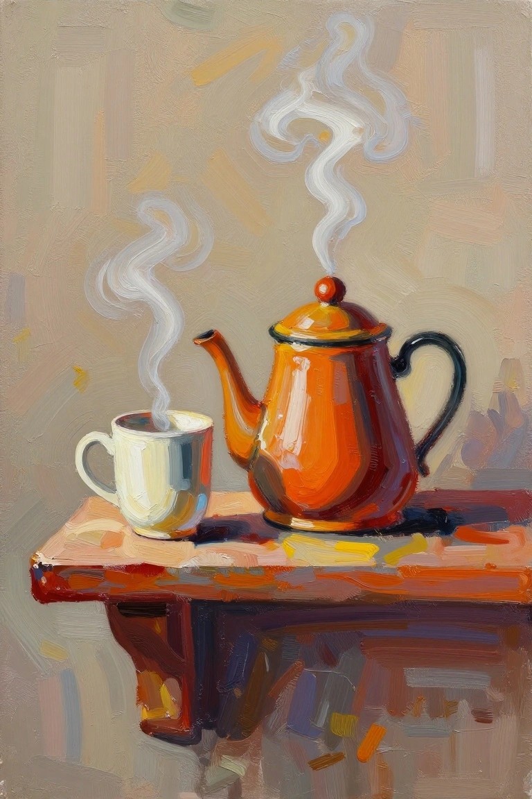 Steaming orange teapot beside white cup on wooden ledge, oil painting style