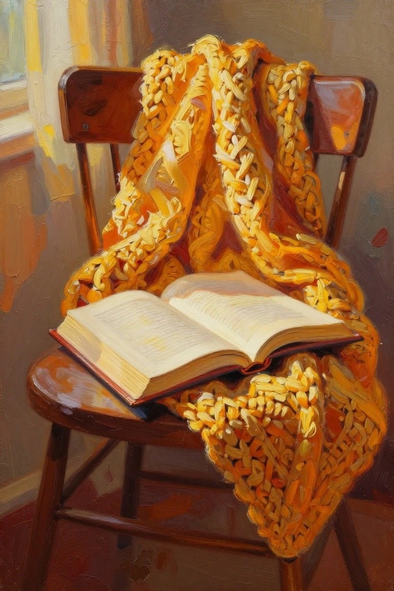 Open book on wooden chair draped in chunky yellow-orange knit blanket