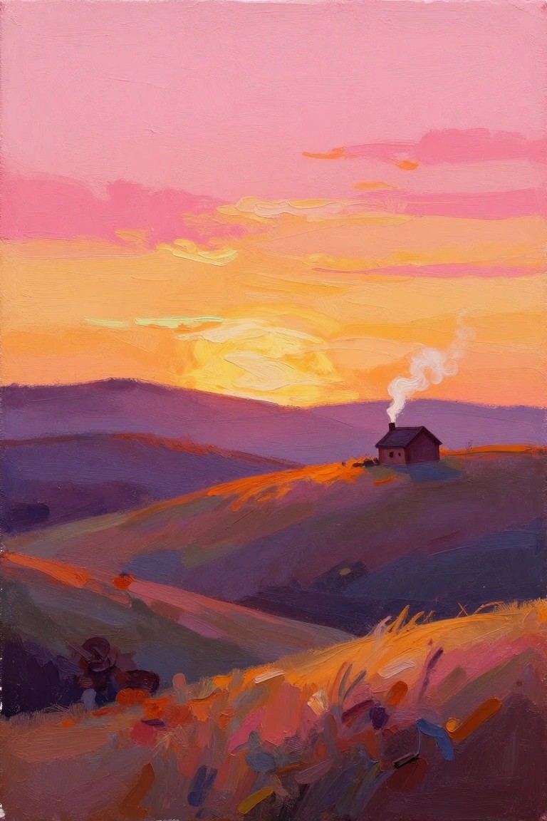 Rolling purple hills under pink-orange sunset with smoking cabin and wildflower foreground.