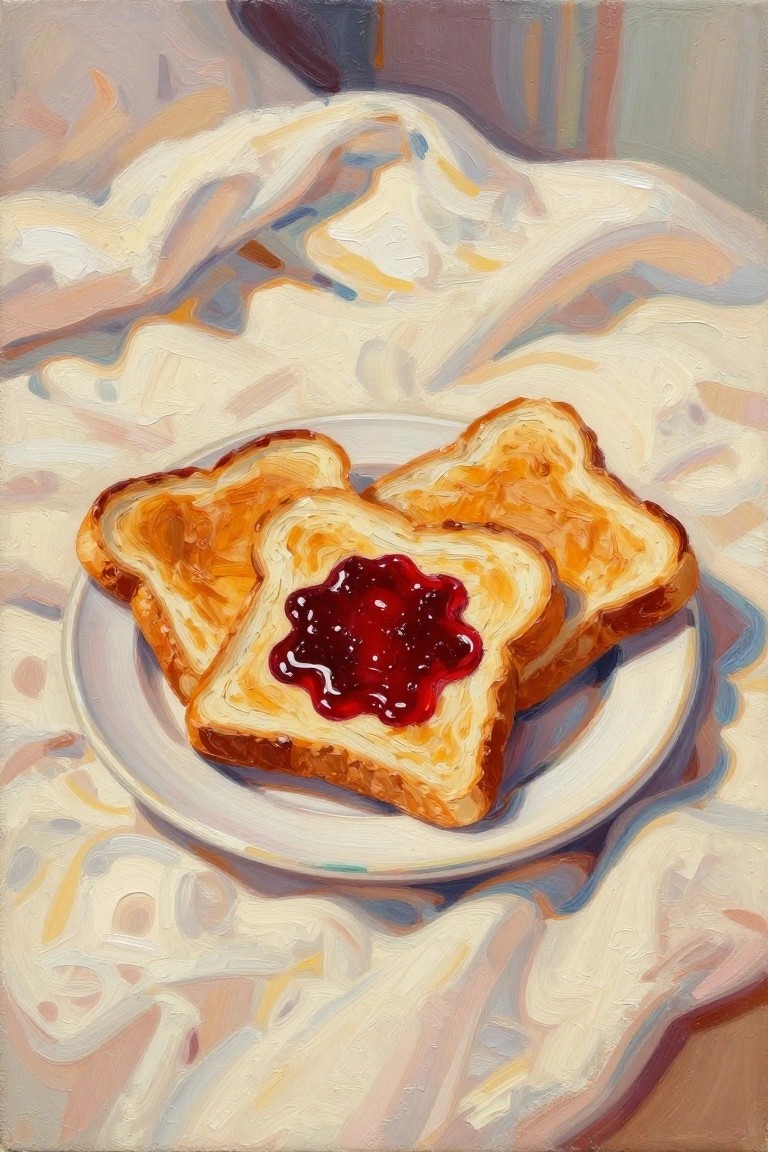 Oil painting of two toast slices with red jam on a plate on white cloth.