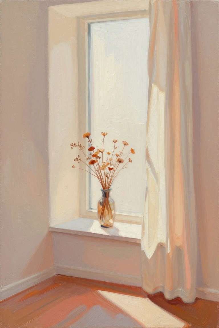 Sunlit windowsill with vase of dried flowers beside a flowing curtain