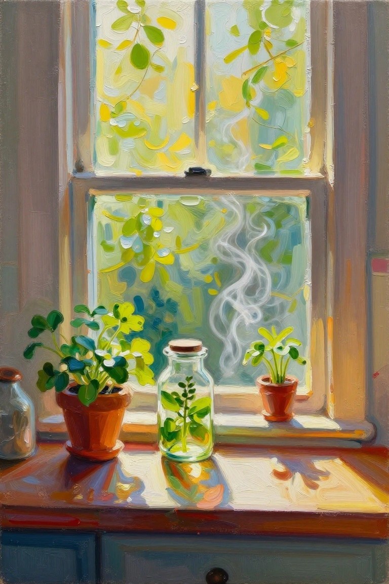 Potted plants and glass jar on sunlit windowsill with green foliage outside