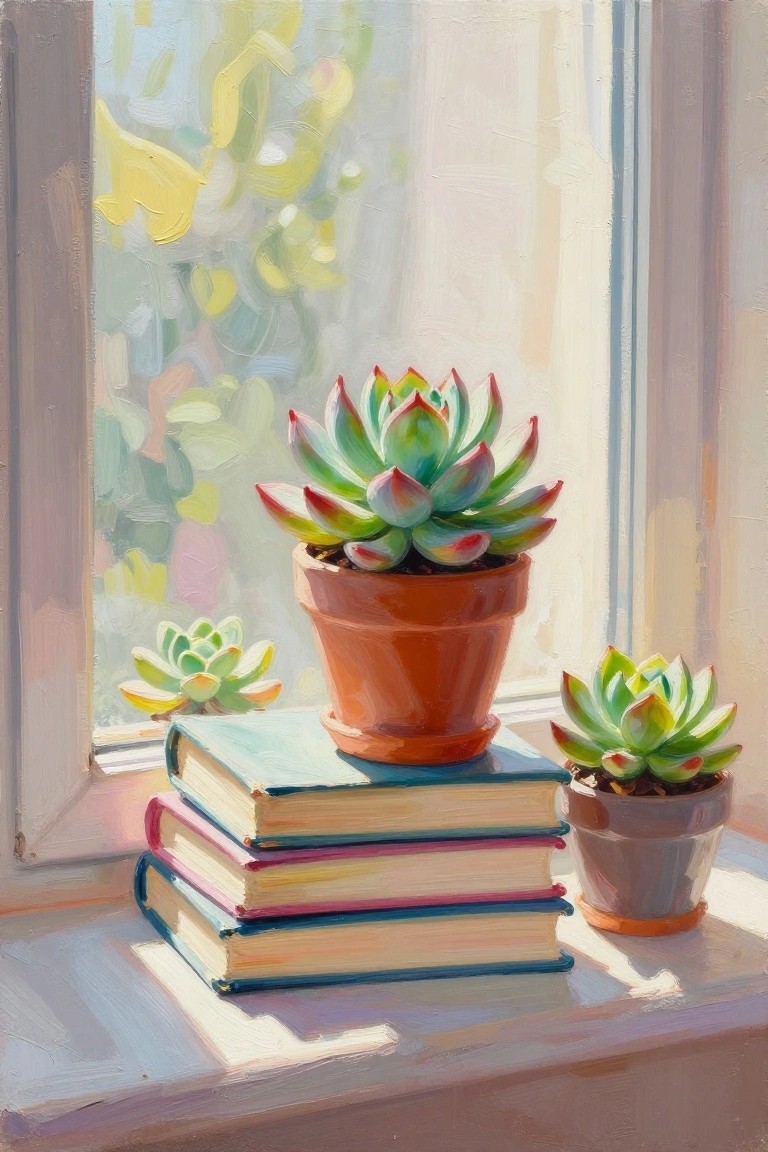 A painting of three succulents in pots on a sunny windowsill, with the largest one resting on a stack of books.
