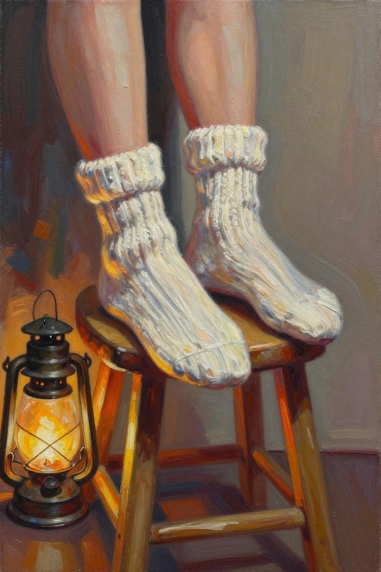 Feet in white knitted socks rest on wooden stool beside glowing lantern.