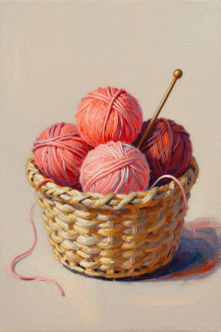 A painting shows a woven basket holding several pink and red yarn balls with one knitting needle resting inside.