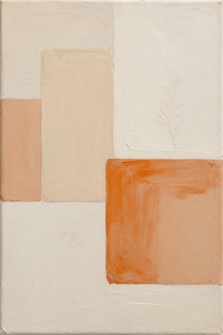 An abstract painting with overlapping rectangles in beige, white, peach, and orange tones, featuring faint etched plant designs in a few sections.