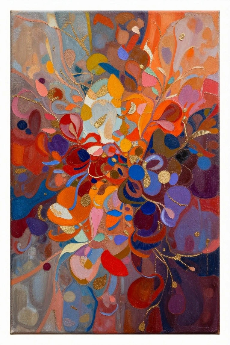 Abstract painting of vibrant floral shapes in orange, red, blue, purple with gold accents.