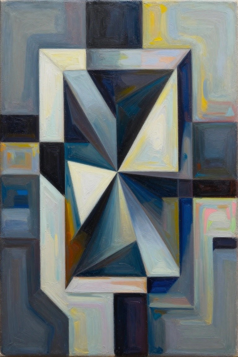 Abstract geometric painting with central blue-white starburst amid colorful angular shapes.