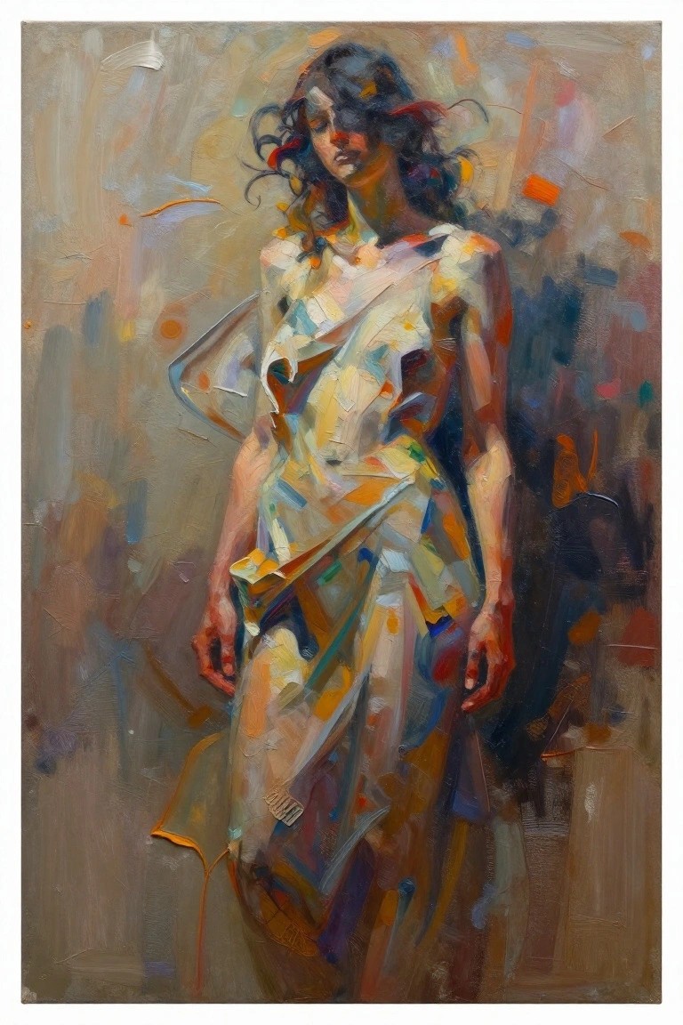 Abstract painting of woman in vibrant multicolored flowing dress with bold brushstrokes.