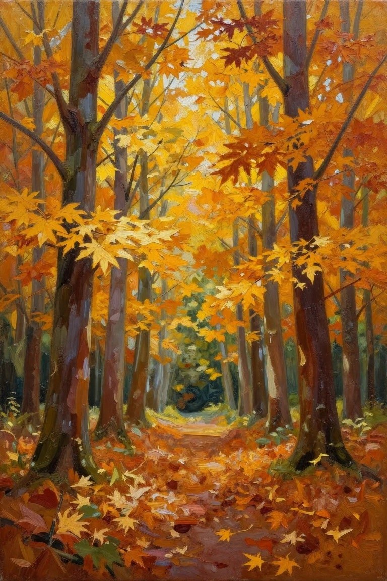 Autumn forest path covered in fallen leaves beneath golden maple trees
