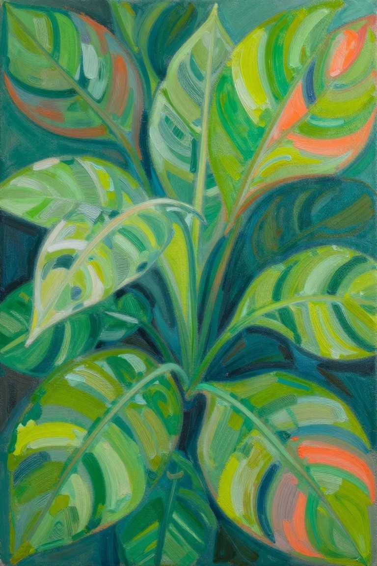 Vivid painting of lush green leaves with yellow and orange brushstrokes on dark background