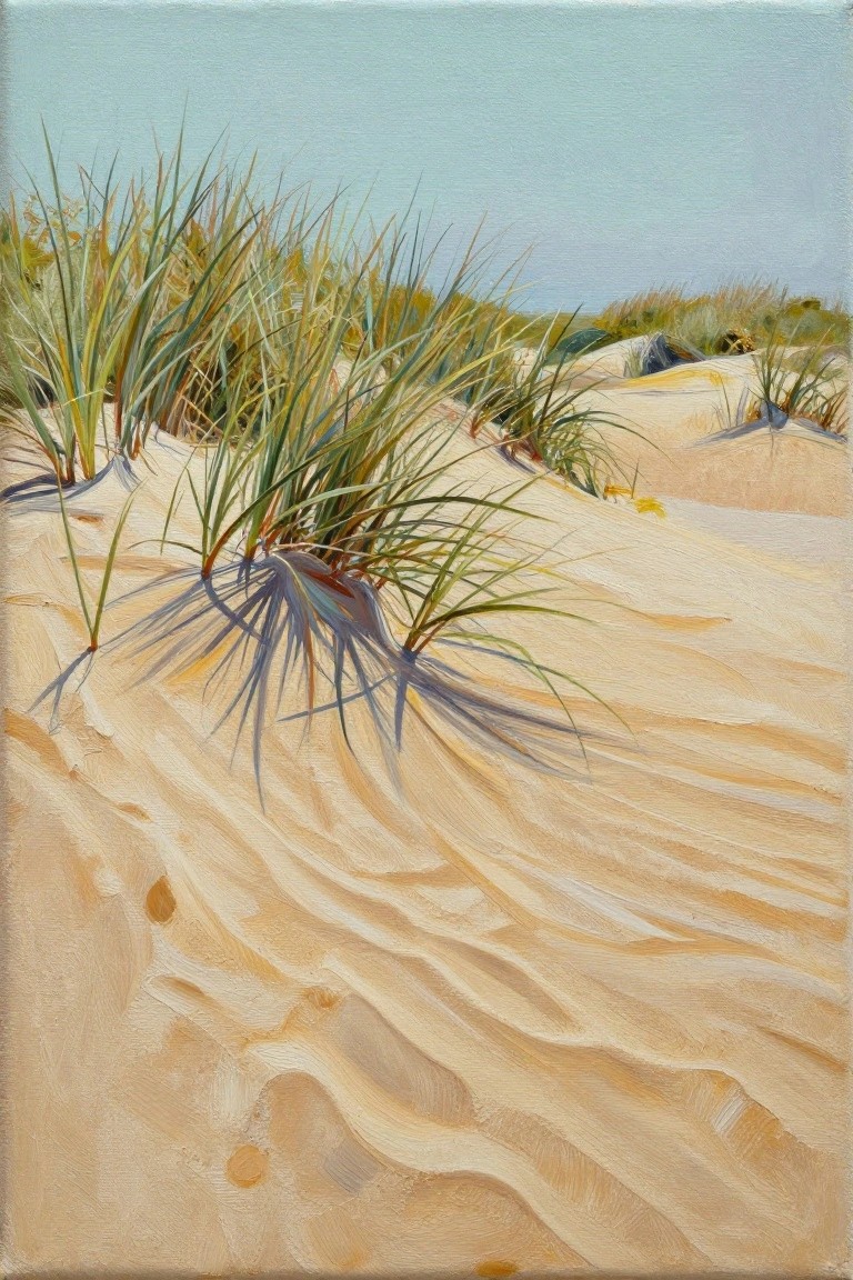 Realistic painting of rippled sand dunes with tall grasses casting shadows.