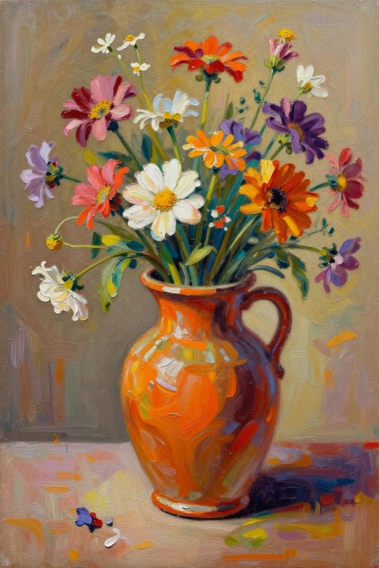 Vibrant multicolored flowers in an orange ceramic vase with scattered petals.