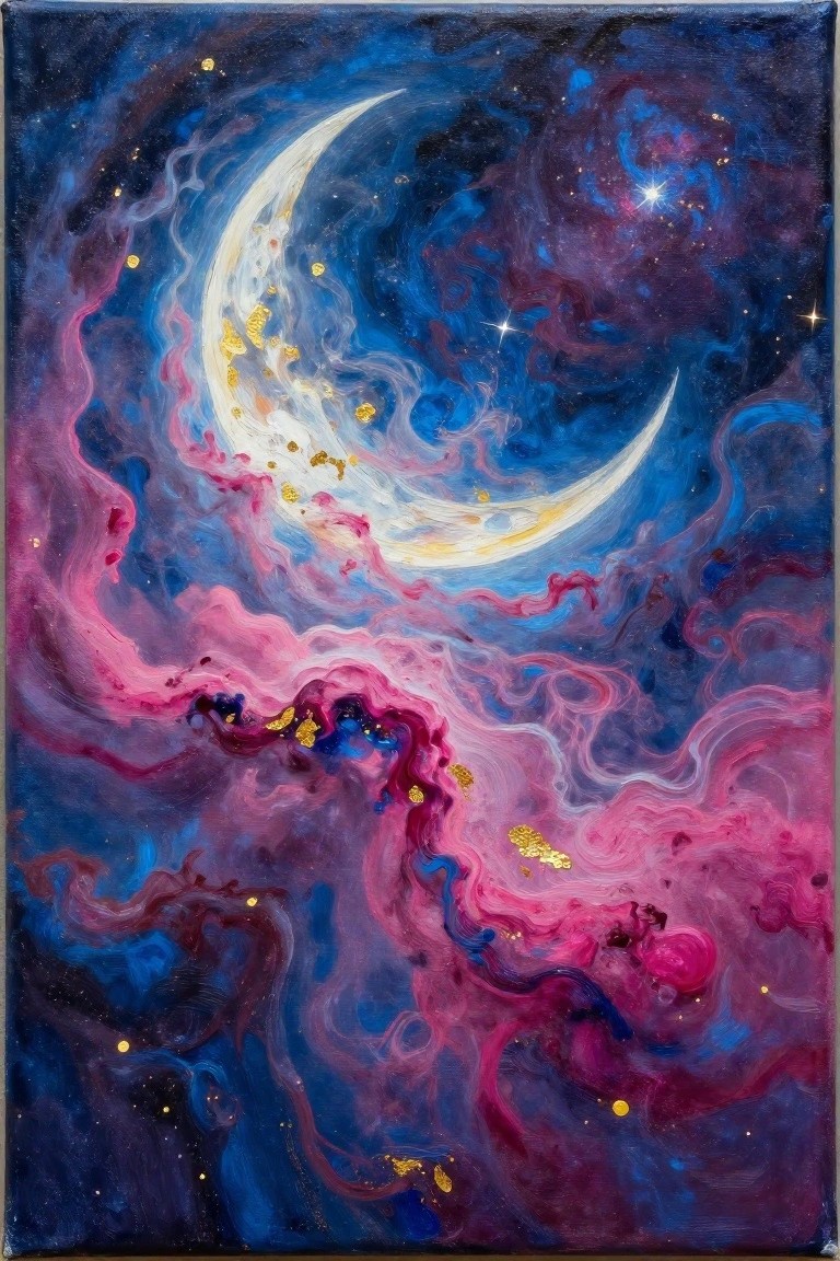 Swirling pink and blue nebulae surround a golden crescent moon with scattered stars.