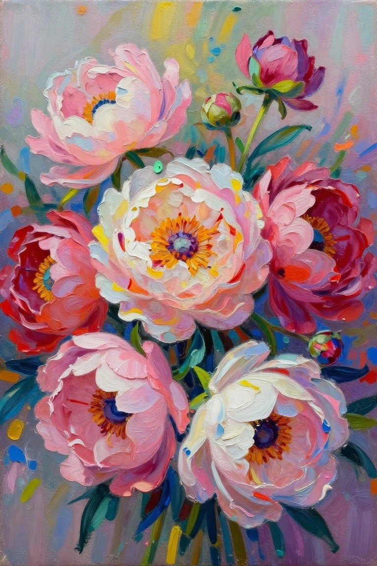 Vibrant oil painting of blooming peonies in pink, red, and white hues.