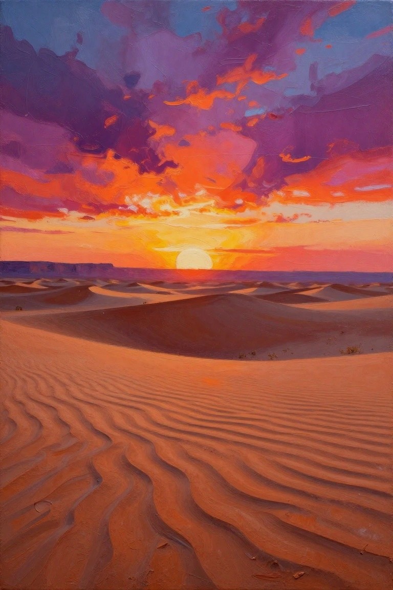 Vibrant sunset painting with purple-orange clouds over rippled desert sand dunes
