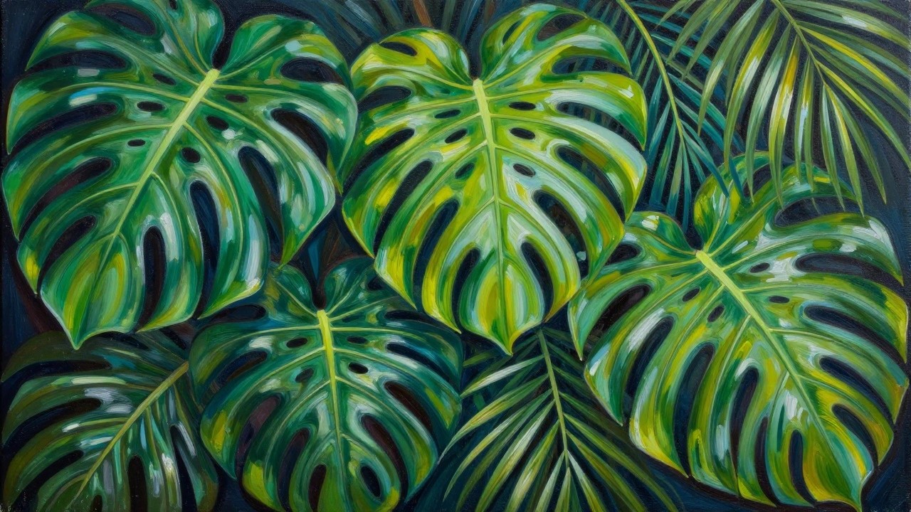 Vibrant painting of lush green monstera leaves with orange tropical foliage on dark background
