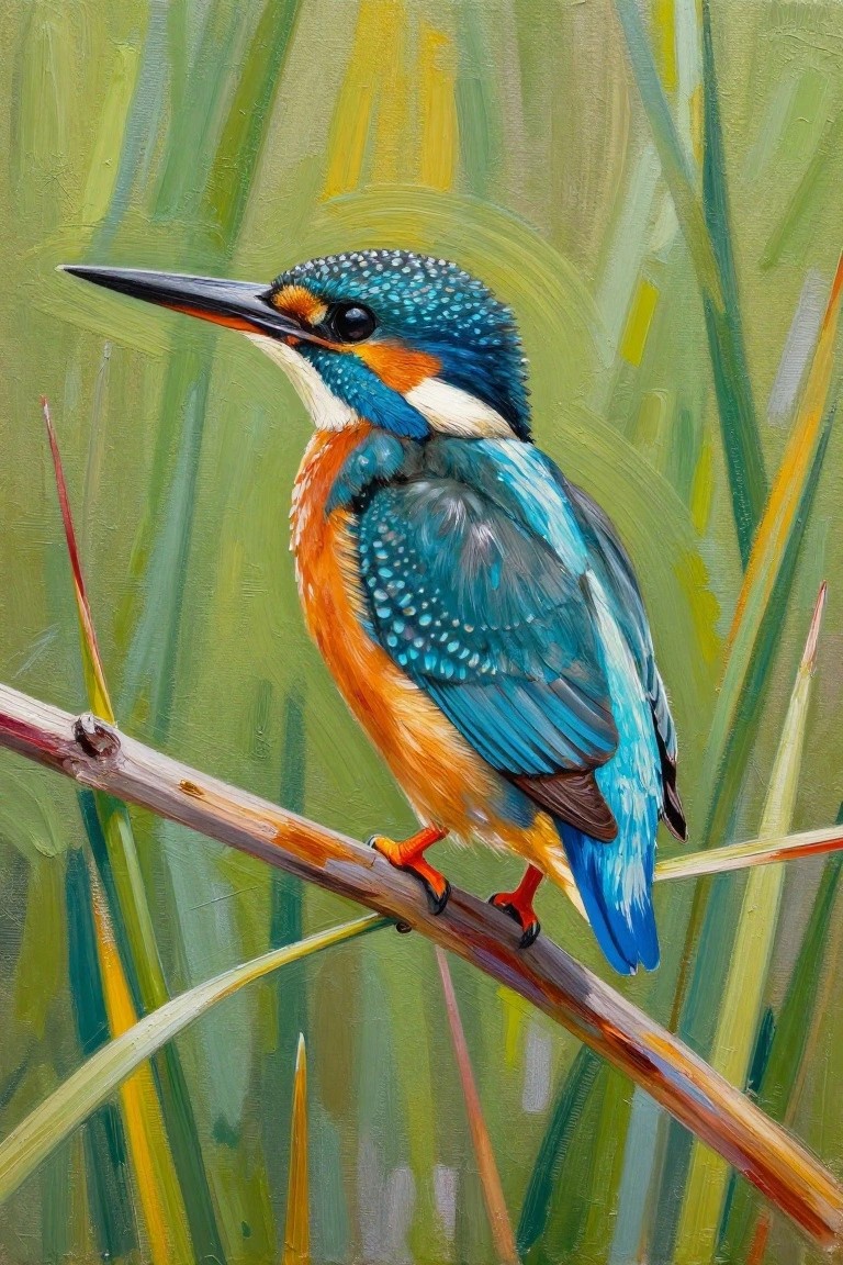 Colorful kingfisher with blue-orange plumage perched on branch amid green reeds