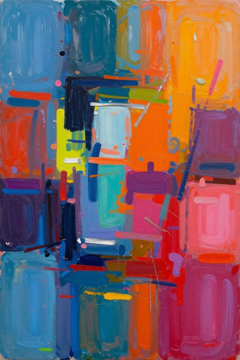 Abstract painting with vibrant blue, orange, red, purple geometric shapes and bold brushstrokes.