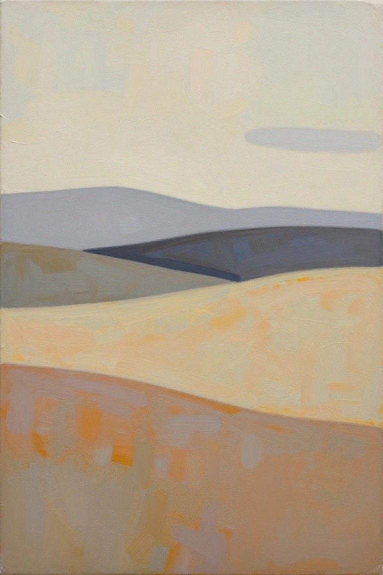 Abstract landscape painting of layered hills in muted beige, gray, and orange tones.