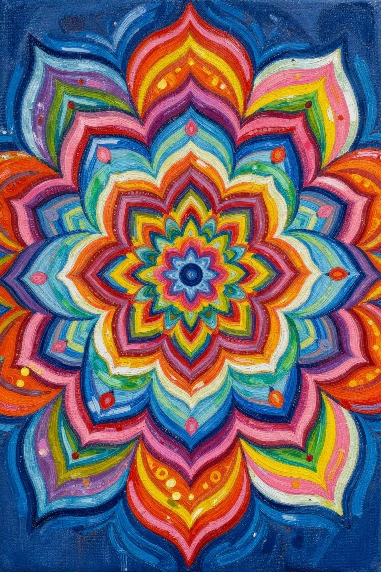 Vibrant symmetrical mandala with layered rainbow petals in bright acrylic hues