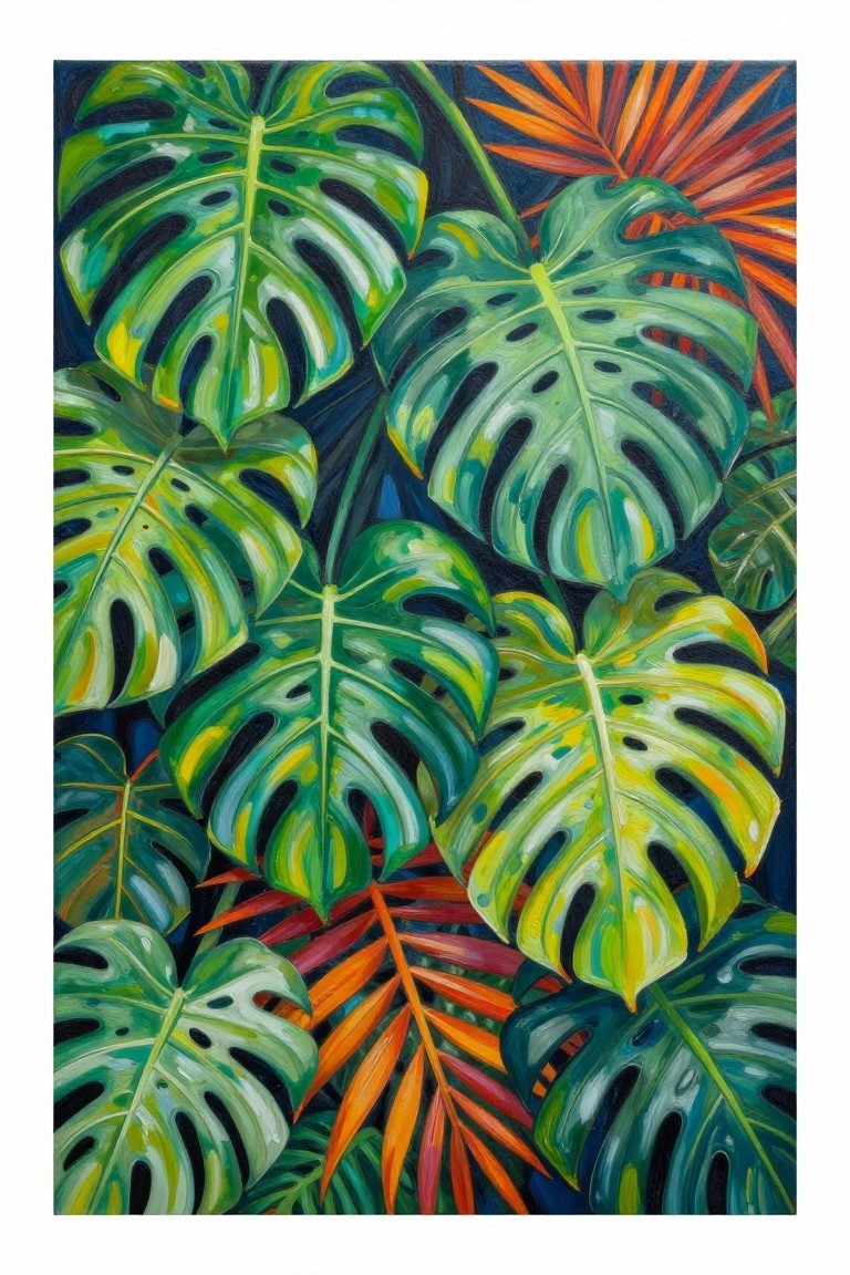 Vibrant painting of lush green monstera leaves with orange tropical foliage on dark background