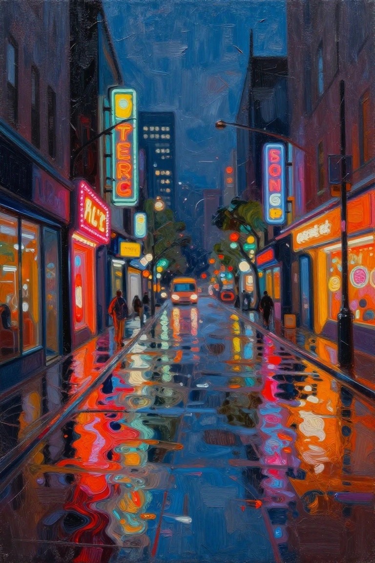 Rainy nighttime city street aglow with neon signs and vivid reflections